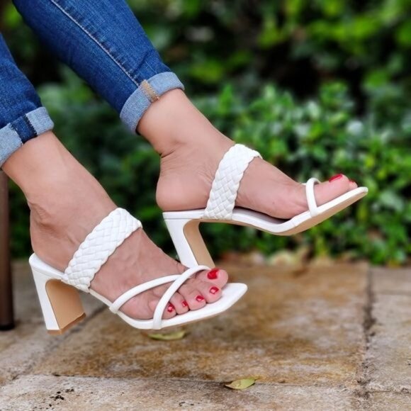 Women's White Braided Chunky Block Heel Slide Sandals - Picture 1 of 5